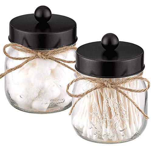 Product Cover Mason Jar Bathroom Apothecary Jars Set, Farmhouse Decor Qtip Dispenser Holder Glass - Rustic Vanity Organizer with Stainless Steel Lids for Cotton Swabs, Rounds, Bath Salts, Ball / Black, 2-Pack
