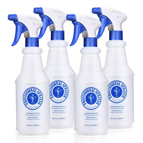 Product Cover Plastic Spray Bottle 4 Pack 24 Oz (Upgraded Sprayer) All-Purpose Heavy Duty Empty Spraying Mist Squirt Water Bottles Cleaning Solutions, Bleach/Vinegar/BBQ/Rubbing Alcohol Safe with Measurements
