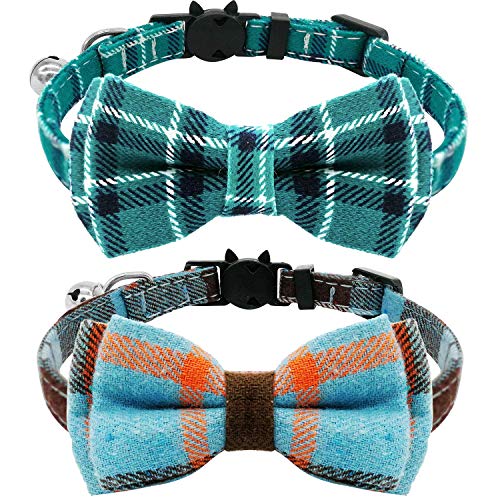 Product Cover KUDES 2 Pack/Set Cat Collar Breakaway with Cute Bow Tie and Bell for Kitty and Some Puppies, Adjustable from 7.8-10.5 Inch (Cyan-Blue+Blue-Gray, Plaid)