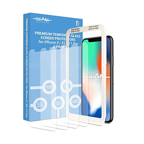 Product Cover Beam Electronics Screen Protector for iPhone X,XS,11 Pro (4 Pack) Tempered Glass Screen Protector with Advanced Clarity [3D Touch] Works w/Most Cases 99% Touch Accurate-All Accessories Included