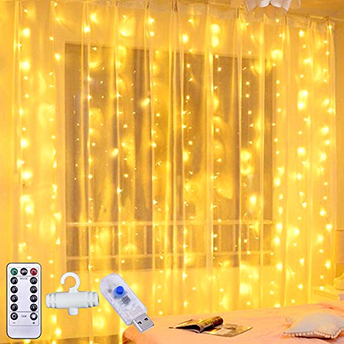 Product Cover Curtain Lights, Twinkle Lights, Fairy Lights, Low Voltage No Heated 300 LED Christmas Window Curtains Lights for Bedroom, Wall Decorations, Weddings, Party, Indoor or Outdoor, Warm White (9.8x9.8 Ft)