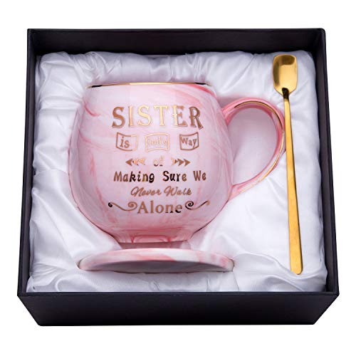 Product Cover Oyiyou Sister Gifts from Sister - A Sister is God's Way of Making Sure We Never Walk Alone - Pink Marble Ceramic Coffee Mugs 14oz and FREE Coaster