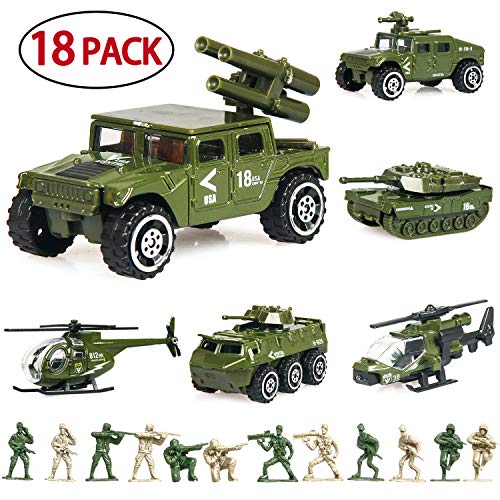 Product Cover 18 Pack Die-cast Military Vehicles Sets,6 Pack Assorted Alloy Metal Army Models Car Toys and 12 Pack Soldier Army Men, Mini Army Toy Tank,Jeep,Panzer,Anti-Air Vehicle,Helicopter Playset for Kids Boys