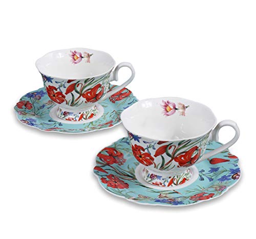 Product Cover Fine Porcelain Teacup and Saucer Set, 7 Ounce, Red Lily Design, Set of 2