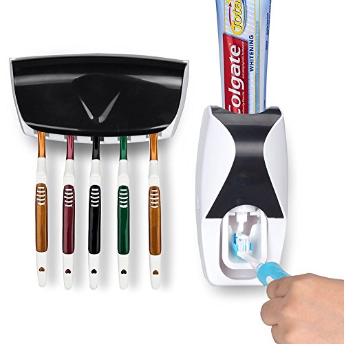 Product Cover Wikor Toothbrush Holder Automatic Toothpaste Dispenser Set Dustproof with Super Sticky Suction Pad Wall Mounted Kids Hands Free Toothpaste Squeezer for Family Washroom Bathroom