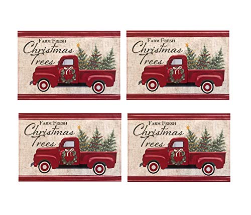 Product Cover Newbridge Pine Hill Christmas Tree Farm Fabric Holiday Placemats - Nostalgic Retro Christmas Farm Truck Print Placemats, Set of 4 Farm Fresh Red Truck Placemats