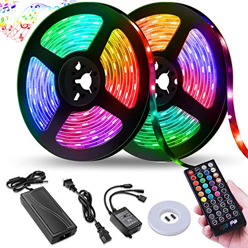 Product Cover LED Strip Lights,NightScene 32.8FT LED Music Sync Color Changing Lights with 40keys Music Remote Controller and 12V5APower Supply, RGB SMD5050 300 led lights for Room, Bedroom, TV, Party.