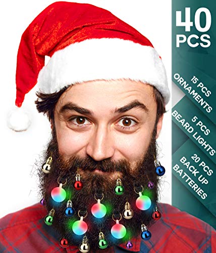 Product Cover 40pcs Christmas Beard Lights Ornaments Glitter Kit 2019 with Jewelry Baubles Beads, Bells, Light Up Bulbs, Best Gifts for Men Women Kids Hair Decoration, Funny Ugly Xmas Sweater Party Accessories