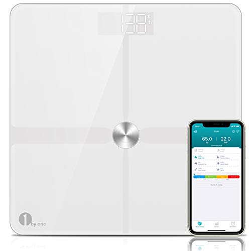 Product Cover 1byone Smart Body Fat Scale, Bluetooth Digital Weight BMI Bathroom Body Composition Analyzer with ITO Coating, App Support, 400 Pounds (lbs), 6 AAA Batteries and 1 Body Tap Measure Included (White)