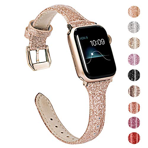 Product Cover Wearlizer Rose Gold Leather Compatible with Apple Watch Bands Series 5 4 40mm Series 3 38mm for iWatch Womens Shiny Slim Smooth Wristband Bling Glitter Strap (Gold Clasp) for Series 2 1 Edition Sport