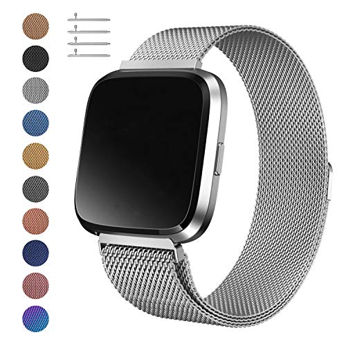 Product Cover Meikeio Metal Replacement Bands Compatible for Fitbit Versa/Versa Lite Edition/Versa 2, Stainless Steel Metal Bracelet(Silver,Small)