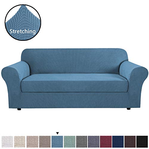 Product Cover H.VERSAILTEX Stretch Slipcovers Sofa Covers 2 Piece Couch Shield Furniture Protector with Elastic Bottom, Polyester Spandex Jacquard Fabric Small Checks Slip Resistant (Sofa Large, Dusty Blue)