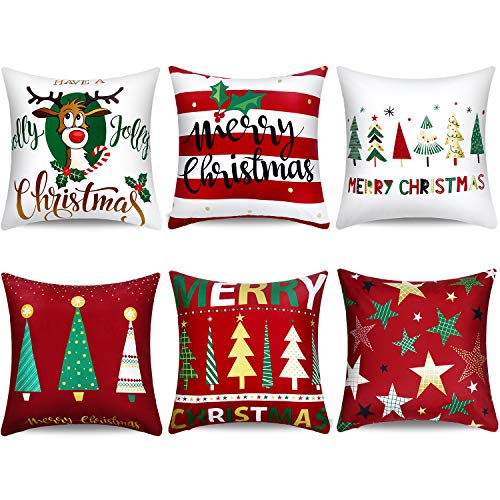 Product Cover Boao 6 Pieces Christmas Pillow Cover Merry Christmas Throw Cushion Covers Tree Reindeer Star Pillow Case for Party Home Decoration, 18 x 18 Inch (Set 1)