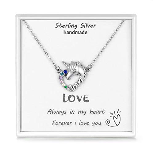 Product Cover Presentski Unicorn Heart Necklace,Sterling Silver Necklace with Cubic Zirconia Heart Love Pendant Necklace,Unicorn Birthstone Necklace for Kids,Girls,Women