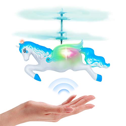 Product Cover Flying Unicorn Drone Toys Gifts for Girls Age 6 7 8 9-14 Years Old, Mini Hand Control Flying Helicopter Unicorn Fairy Doll Toys (Blue)