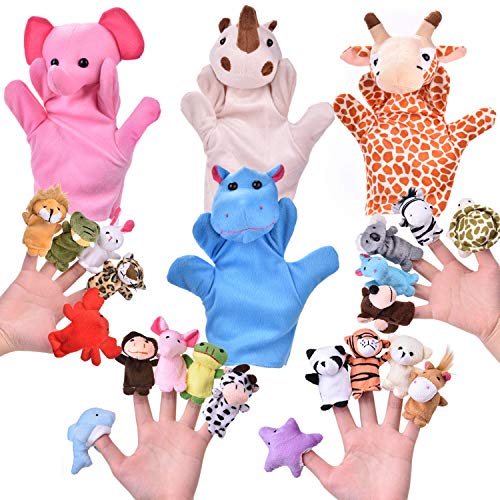 Product Cover Fun Little Toys 24 PCs Finger Puppets Set with 4 Animal Hand Puppets and 20 Animal Finger Puppets, Animal Plush Toys Party Favors for Kids, Goodie Bag Fillers