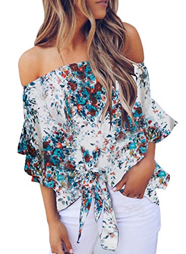 Product Cover Asvivid Womens Floral Off The Shoulder Tops 3 4 Flare Sleeve Tie Knot Blouses and Tops