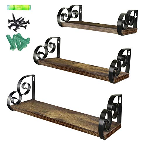 Product Cover Giftgarden Floating Wall Shelves Set of 3, Rustic Wood Shelf with Metal Bracket for Kitchen, Living Room, Bedroom, Office Room