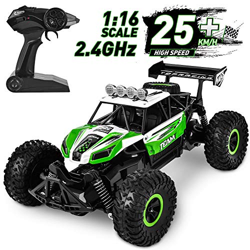Product Cover Fast Remote Control Car, Flyglobal 1:16 High Speed RC Cars for Boys Powerful Car Remote Control with 2 Rechargeable Batteries, Off Road RC Trucks Crawler All Terrain Dune Buggy Car for Kids Adults
