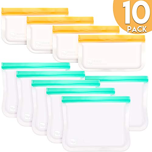 Product Cover Qinner Reusable Storage Bags-10 Pack (6 Reusable Sandwich Bags+4 Reusable Snack Bags) Ziplock Leakproof Freezer Bag, Plastic Free Food Bags for Sandwich,Snack and Fruits|Travel Baggies
