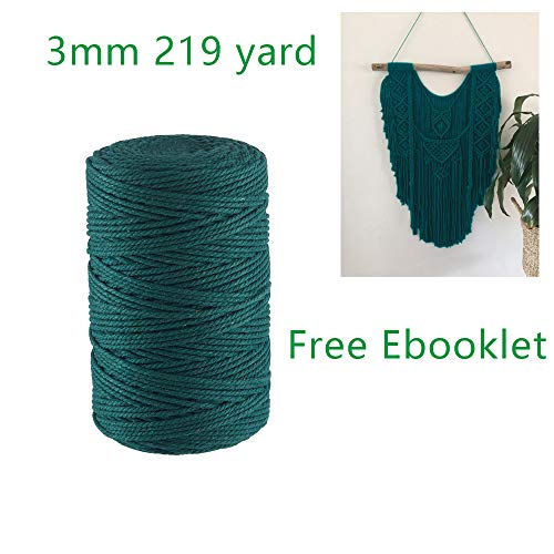 Product Cover Macrame Cord 3mm x 219Yards, 3 Strand Twisted Cotton Cord for Wall Hanging, Plant Hangers, Crafts, Knitting, Table Runner,Decorative Projects (Dark Green)