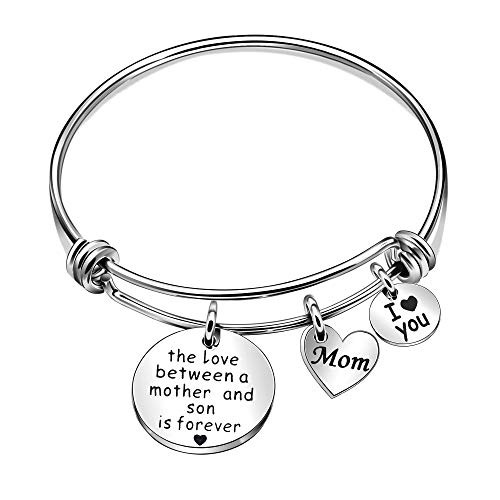Product Cover Mother and Son Jewelry Gifts from Son Bangles Mom I Love You Silver Charm Bracelets for Mother - The Love Between a Mother and Son is Forever