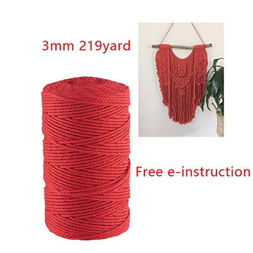 Product Cover Macrame Cord 3mm x 219Yards, 3 Strand Twisted Cotton Cord for Wall Hanging, Plant Hangers, Crafts, Knitting, Table Runner,Decorative Projects (Chirstmas RED)