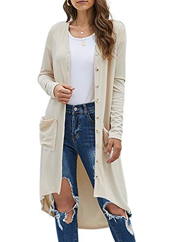 Product Cover BTFBM Women Sweaters Clothings Long Sleeve Open Front Buttons High Low Hem Basic Plain Knit Pockets Long Cardigan