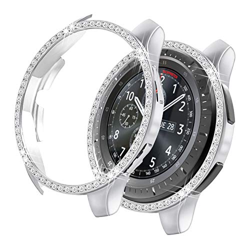 Product Cover Yolovie Compatible with Samsung Galaxy Watch 42mm Case, Bling Crystal Rhinestone Bumper Shell Plated PC Protective Face Cover Shiny Diamond Cases Women Girl-Silver