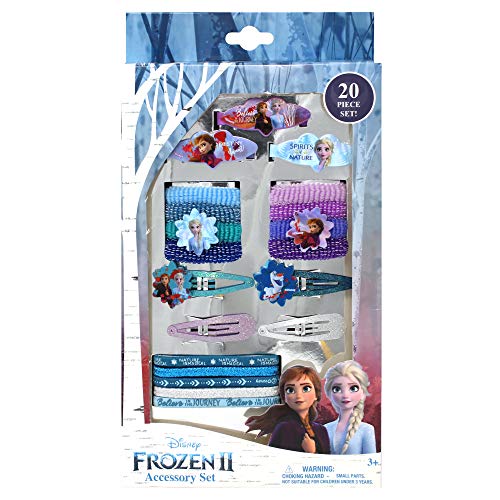 Product Cover Frozen 2 Girls 20 Piece Accessory Set with 3 Barrettes, 4 Snap Hair Clips, 5 Elastics and 8 Terry Ponies