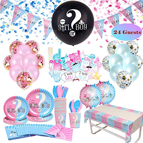 Product Cover Gender Reveal Party Supplies & Tableware Set (223 Pieces) | Serves 24 Guests | Complete Gender Reveal Decoration Set with Plates, Spoons, Forks, Napkins, Photo Props, Confetti Balloons, 36 Inch Baby Reveal Balloon, Tablecloth, Pink and Blue