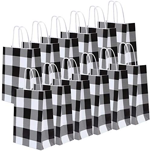 Product Cover Cooraby 20 Pieces White and Black Plaid Paper Party Bags Christmas Gift Bag Birthday Kraft Party Bags with Handle for Wedding and Party Celebrations