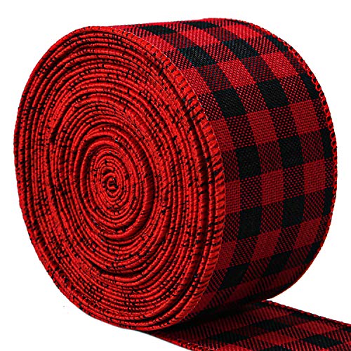 Product Cover URATOT Red and Black Plaid Burlap Ribbon Christmas Wired Ribbon Wrapping Ribbon for Christmas Crafts Decoration, Floral Bows Craft, 236 by 1.9 Inch (6.3cm)