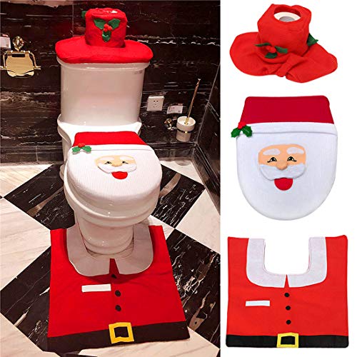 Product Cover Suertree Christmas Decorations Toilet Lid Tank Cover, 3 Set Happy Santa Toilet Seat Cover and Rug Set Christmas Bathroom Decorations Party Gifts for Kids (Santa)