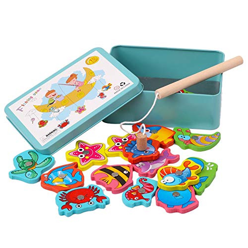 Product Cover Wooden Magnetic Fishing Games with 15pcs Ocean Sea Animals Magnets for Toddlers, Travel Size Box Early Learning Educational Game Motor Skills Development Toys for 3 4 5 Year Old Birthday Gifts