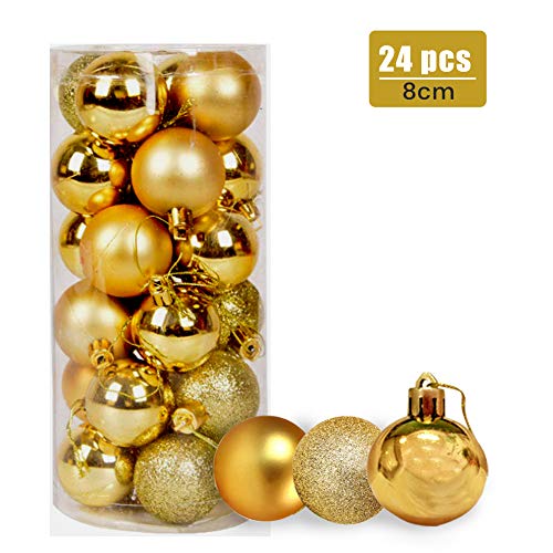 Product Cover 24ct Christmas Balls Ornaments, 3.15in (80mm) Shatterproof Decorative Hanging Balls for Xmas Tree, Holiday Wedding Party Decoration Baubles Set with Hang Rope, Gold
