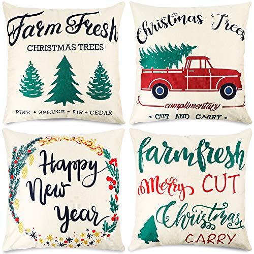 Product Cover CDWERD 4pcs Christmas Pillow Covers 18x18 Inches Farmhouse Pillowcases Farm Fresh and Christmas Tree Decorative Cotton Linen Cushion Case for Home Decor