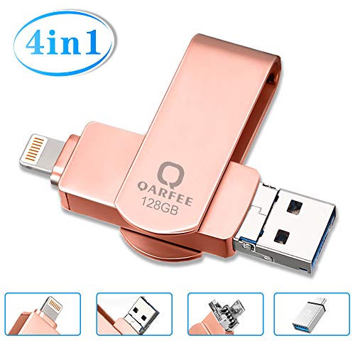 Product Cover Flash Drive for iPhone, Photo Stick 128GB for iPhone, External Storage Memory Stick Photostick Mobile, Thumb Drive USB 3.0 Compatible iPhone/iPad/Android Backup OTG Smart Phone Qarfee Pink