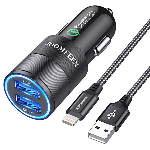 Product Cover JOOMFEEN Car Charger Compatible with iPhone 11 Pro Max/11/XS Max/XS/XR/X/8/7 Plus/7/6S/6/5S/5C/SE/5,iPad Pro/Air/Mini, with 3ft Charging Cable, Quick Charger 3.0&2.4A Dual Fast USB Car Charger Adapter