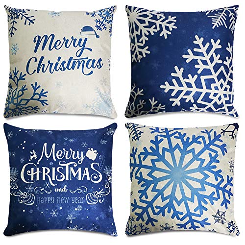 Product Cover CDWERD Blue Christmas Decorations Blue Christmas Pillow Covers 18×18 Inches Set of 4 Snowflake Merry Christmas Pillow Cases Cotton Linen Christmas Decorative Pillowcases Sofa Cover