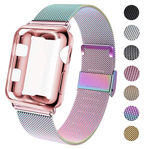 Product Cover GBPOOT Compatible for Apple Watch Band 38mm 40mm 42mm 44mm with Screen Protector Case, Sports Wristband Strap Band with Protective Case for Iwatch Series 4/3/2/1,38mm,Colorful