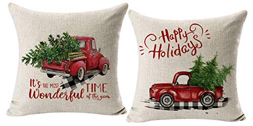 Product Cover CARRIE HOME Red Truck Christmas Decor Outdoor Christmas Throw Pillow Covers 18x18 for Home Car Office, Set of 2