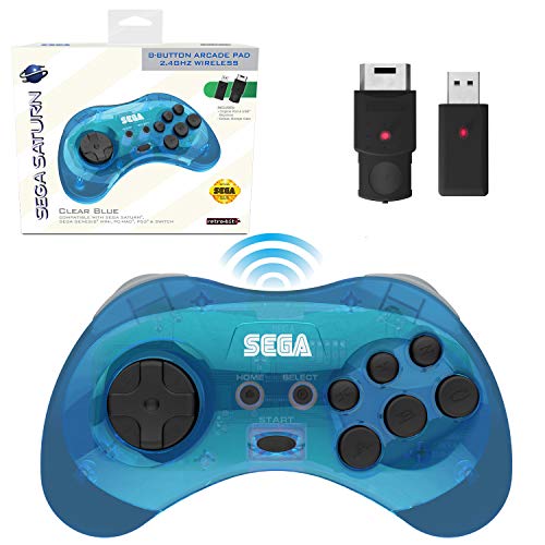 Product Cover Retro-Bit Official Sega Saturn 2.4 GHz Wireless Controller 8-Button Arcade Pad for Sega Saturn, Sega Genesis Mini, Nintendo Switch, PS3, PC, Mac - Includes 2 Receivers & Storage Case - Clear Blue