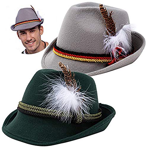 Product Cover 2 German Alpine Hats Costume Accessories Felt Fedora Retro Set for Boys, Kids Halloween Party Favors, Oktoberfest Bavarian Dress Up, Role Play and Cosplay. Green
