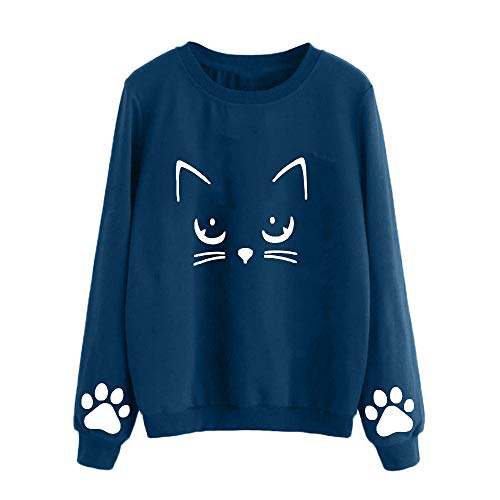 Product Cover Meikosks Womens Cat Weater Pullover Crewneck Long Sleeve Blouse Cute Graphic Print Sweatshirts Top