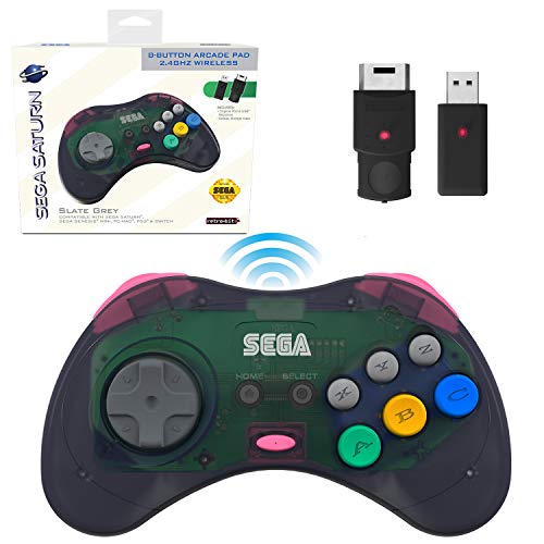 Product Cover Retro-Bit Official Sega Saturn 2.4 GHz Wireless Controller 8-Button Arcade Pad for Sega Saturn, Sega Genesis Mini, Nintendo Switch, PS3, PC, Mac - Includes 2 Receivers & Storage Case - Slate Grey