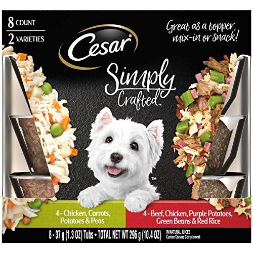 Product Cover Cesar 1-Box Simply Crafted Adult Wet Dog Food Topper Variety Pack Chicken, Carrots, Potatoes & Peas, and Beef, Chicken, Purple Potatoes, Green Beans & Red Rice, (8) 1.3 oz Tubs