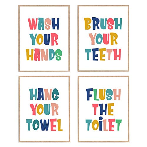 Product Cover Kids Bathroom Print, Set of 4 Flush The Toilet, Wash Your Hands Poster, Nursery Bathroom Shower Décor, Rainbow Colorful Baby Art 8x10 Unframed