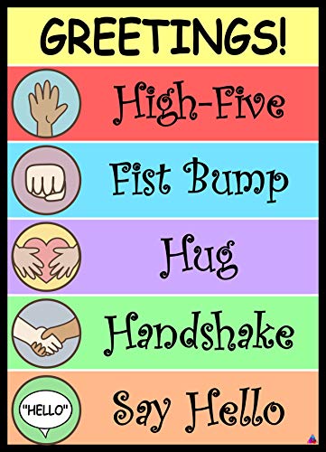 Product Cover Greetings Poster- Laminated, Size 14x19.5 in.- Classroom Decorations, Pediatrician Doctors Office Poster, Back to School Supplies, Teacher Supplies for Preschool, Kindergarten, Elementary (Greetings)