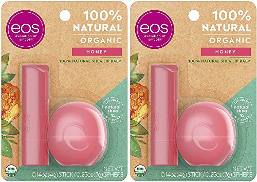 Product Cover eos Natural & Organic Sphere & Stick Lip Balm - Honey | Certified Organic & 100% Natural | Deeply Hydrates and Seals in Moisture | 0.25 oz. Sphere | 0.14 oz. Stick | 2 Sticks, 2 Spheres